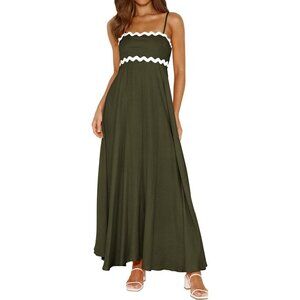 Women Army Green Spaghetti Sleeveless Smocked Boho A Line Long Flowy Maxi Dress